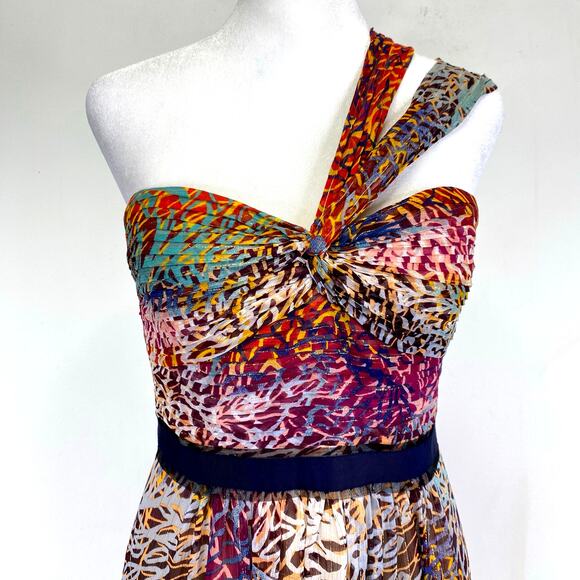 BCBGMaxAzria Inga One Shoulder Silk Maxi Gown Size 4 Begonia Metallic Pleated - Picture 2 of 14